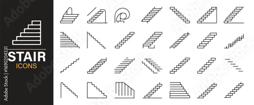 Simple stair icons set for modern architecture, home design, and building structure