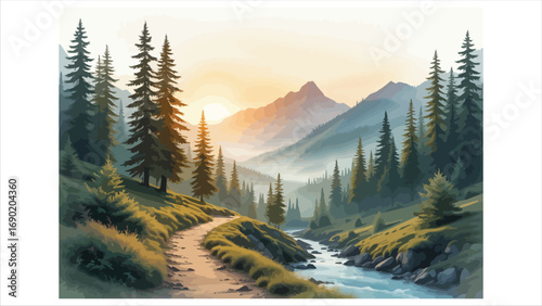Serene mountain landscape with forest stream and winding path at sunrise