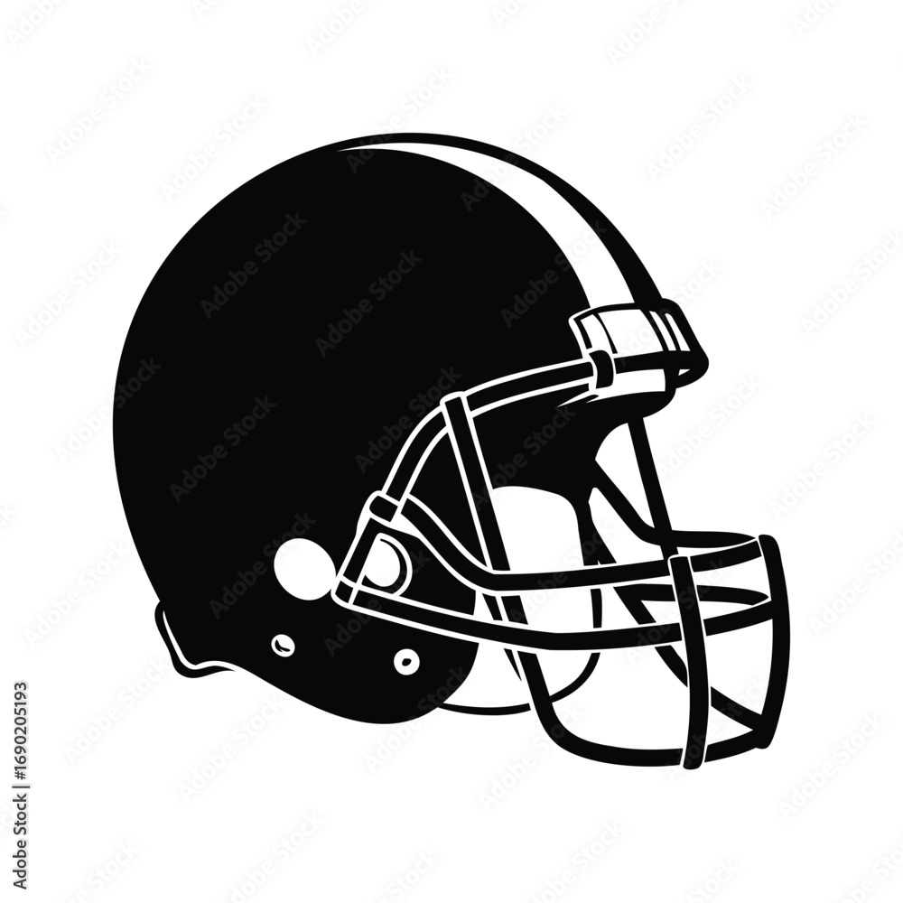 Fototapeta premium Black and white American football helmet with a white stripe and guard, football helmet silhouette vector illustration
