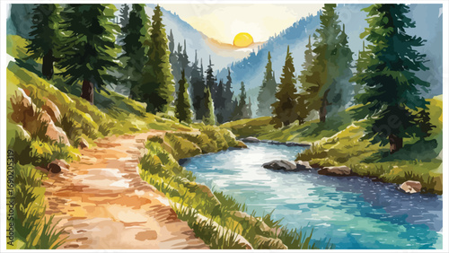 Serene mountain landscape path beside a glistening river at sunrise peaceful nature scene