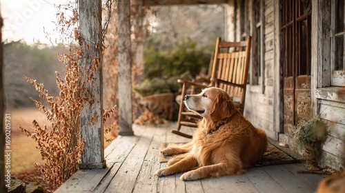 The epitome of country comfort: a happy Golden Retriever enjoys the simple life from its welcoming porch overlooking a peaceful pastoral scene