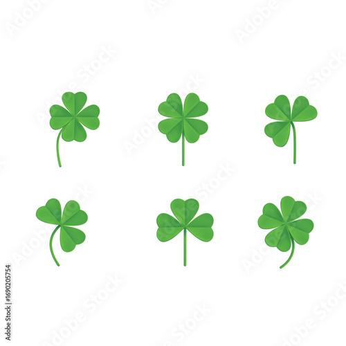 Clover leaf plant icon set. Shamrock symbol for St. Patrick's Day and luck. Vector illustration isolated on white.