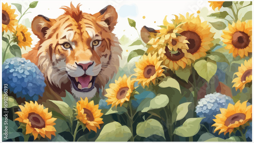 Majestic tiger amongst vibrant sunflowers and blue flowers gentle nature scene