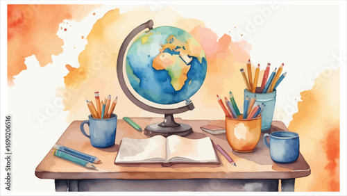 Colorful watercolor school desk with globe open book pencils and art supplies