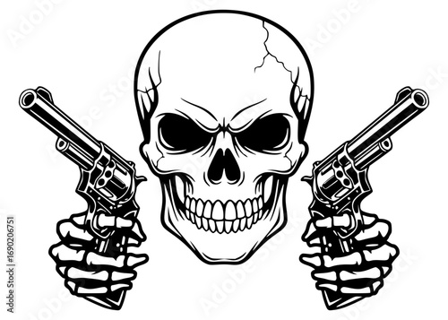 Skull with Skeleton Hands Holding Revolvers, Skull SVG, Guns SVG, Gangster SVG, Grunge SVG