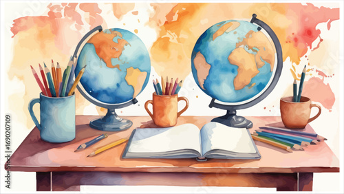 Watercolor art of a wooden desk with globes pencils and an open book ready for learning