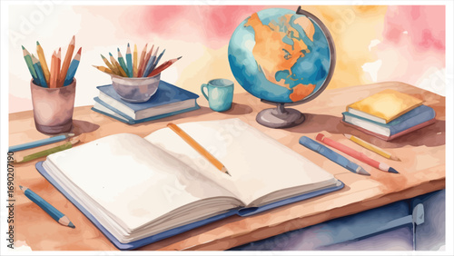 Vintage school desk with globe books and pencils for learning and education