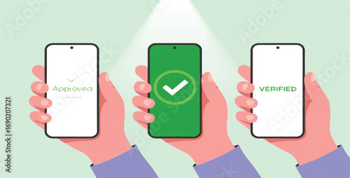 Secure mobile verification process with green checkmark confirmation on smartphone screens, digital identity authentication, user-friendly mobile app security interface.