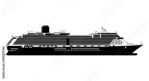 A detailed black and white side profile illustration of a large modern cruise ship.