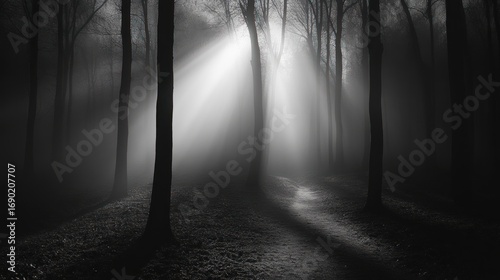 A Misty Forest Path with Sunlight Breaking Through the Trees