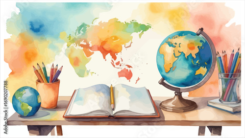 World map globe books pencils desk learning education supplies for global knowledge discovery