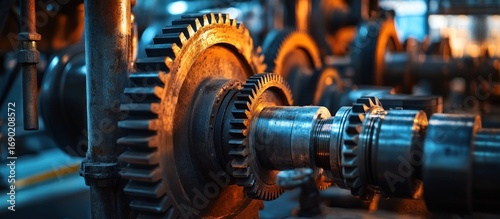Close-up of a large industrial gear system with a metal shaft