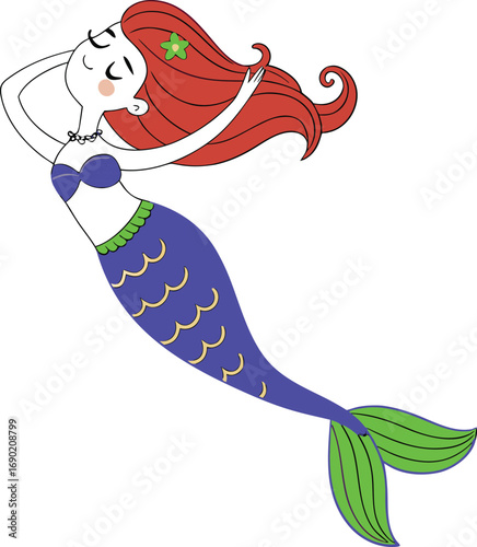 Mermaid with Long Red Hair in Purple Seashell Top and Blue Fish Tail Vector, Enchanting Red-Haired Mermaid Fantasy Illustration Vector, mermaid vector, red haired mermaid