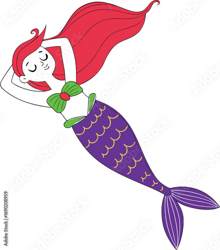 Mermaid with Long Red Hair in Purple Seashell Top and Blue Fish Tail Vector, Enchanting Red-Haired Mermaid Fantasy Illustration Vector, mermaid vector, red haired mermaid