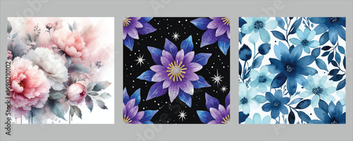 Collection of three distinct floral patterns with soft pink purple and blue hues