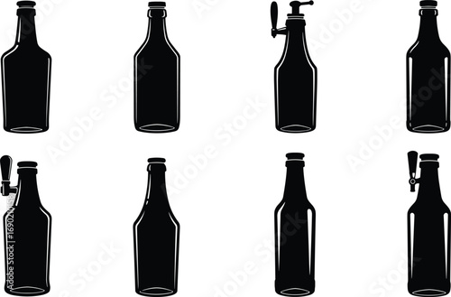 Beer bottle silhouette vector illustration, glass bottles, soda bottles, vintage bottle design, black and white bottles, drink container clipart, alcohol packaging set