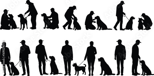 Dog training silhouette vector illustration, people walking dogs, pet obedience icons, man and woman with dog, leash training, sitting, standing poses
