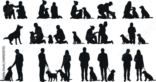 Dog training silhouette vector, people with pets illustration, man and woman walking dogs, pet care design, dog owner lifestyle, animal companionship graphic