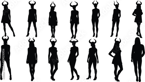 Female devil horn silhouette vector illustration, women fantasy character poses, Halloween costume design, dark gothic girl art, mythical demon lady shadow collection