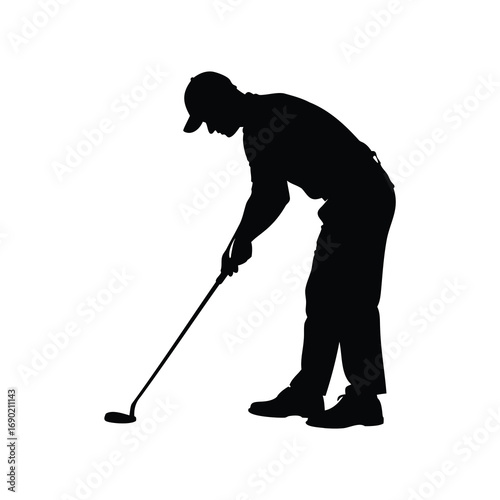 Silhouette of a Golfer Lining Up a Putt on the Green Grass, golfer putting green silhouette vector illustration