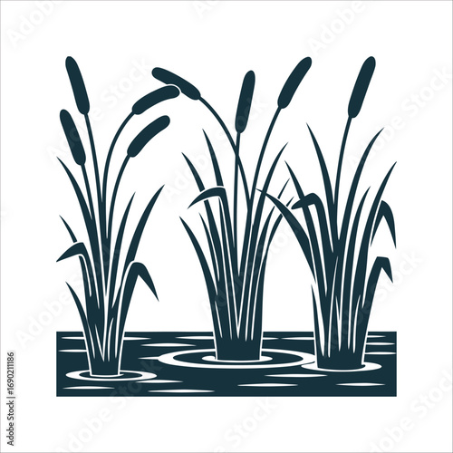 Minimalist Cattails in Marsh Vector Illustration Fen Spirit marsh reed cluster with one stalk bent into a beckoning gesture