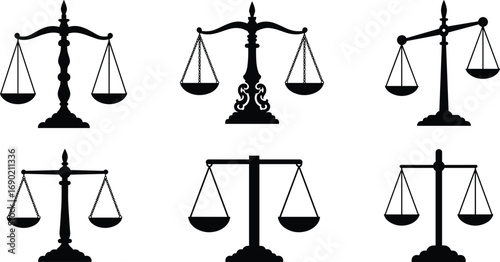 Justice balance scale silhouette vector illustration, law equality symbol, legal fairness icon, attorney design element, courtroom judgment sign, vintage libra equilibrium collection