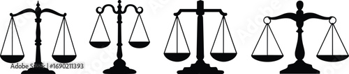 Justice balance scale silhouettes vector illustration, legal law symbol design, fairness and equality icon, courtroom judgment element, legal profession concept, vintage libra scales