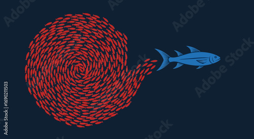 A powerful blue fish strategically leads a massive, swirling school of red fish, depicting dynamic principles of influence, collective behavior, and the critical role of leadership in group navigation