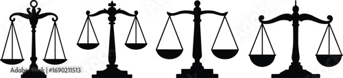 Law justice balance scale vector illustration, legal equality symbol, court judgment fairness icon, attorney lawyer design, business law concept, silhouette collection