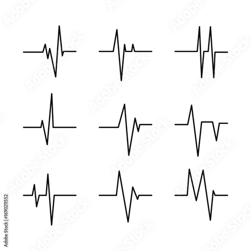 Collection of black heartbeat line icons. Set of various electrocardiogram EKG or ECG signals showing heart rhythm and pulse rate for medical design