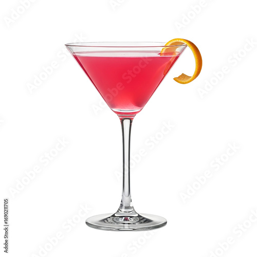 Photo of a pink cosmopolitan cocktail in a martini glass with an orange peel garnish, isolated on a transparent background
