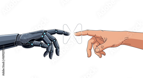 Symbolic connection between human and artificial intelligence, showcasing a robotic and a human hand about to touch