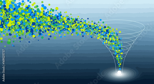 Abstract visualization of dynamic data streams funneling into a refined output, illustrating efficient information processing, big data analysis, and digital data flow