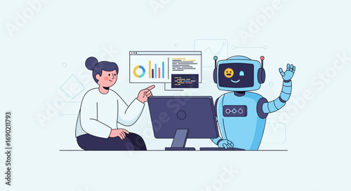 A businesswoman and a friendly robot assistant work together, showcasing human-AI partnership in technology and data analysis