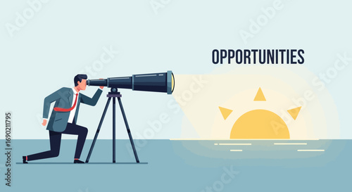 Businessman looks through a telescope at a rising sun symbolizing future opportunities and success