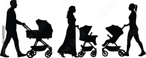 Parents walking with baby strollers silhouette illustration, family lifestyle vector design, mother father pushing pram, parenthood concept, childcare graphic, modern parenting element