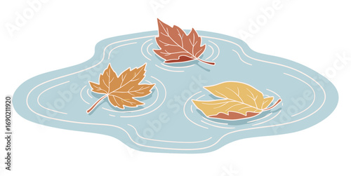 Fallen leaves floating in puddle with ripples on transparent background  
