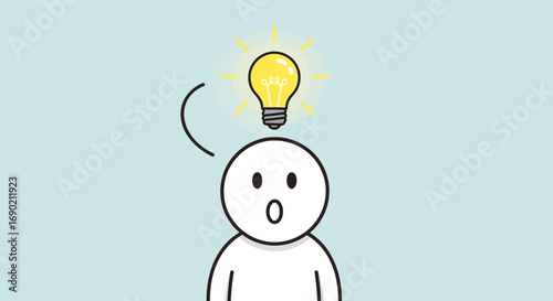 A simple cartoon character experiencing a sudden moment of creative inspiration, illustrated by a glowing yellow lightbulb popping up above its head