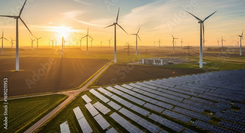 Renewable Energy Landscape Solar Panels and Wind Turbines at Sunset