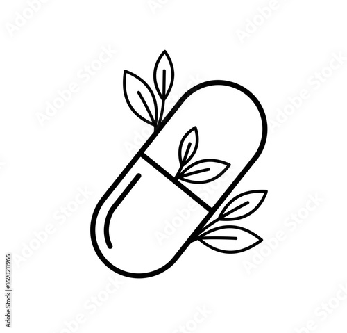 Herbal vitamins capsule with leaves icon on transparent background  