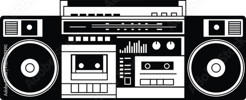 Retro boombox stereo illustration, vintage cassette player, old school radio, music sound system vector, black silhouette audio equipment isolated on white background