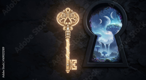 A glowing golden key unlocks a glimpse into a secret, magical dream world through an antique keyhole