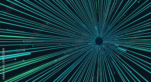 Vibrant abstract tunnel formed by converging neon light trails, symbolizing high-speed data flow, digital connectivity, and futuristic technology