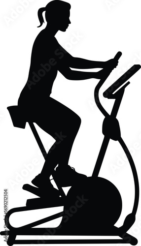 Silhouette of woman exercising on elliptical trainer, fitness workout, gym cardio training, healthy lifestyle concept, black vector illustration isolated on white background