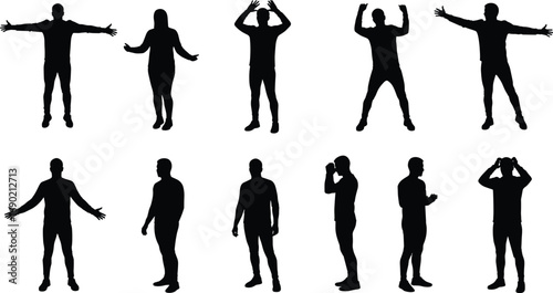 Silhouette people standing, men poses, woman figure, human body gestures, vector illustration, black silhouette, full body design, casual stance, active lifestyle, isolated characters