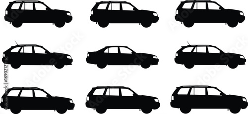 Silhouette set of cars, SUV and sedan vehicles, automobile transportation concept, black vector illustration, automotive design, car collection isolated on white background
