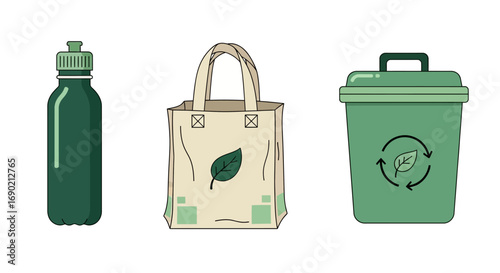 Eco-Friendly Essentials Reusable Bottle, Tote Bag, and Recycling Bin for Sustainable Living