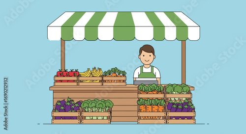 Farmer's market stall filled with fresh organic fruits and vegetables being sold by a vendor