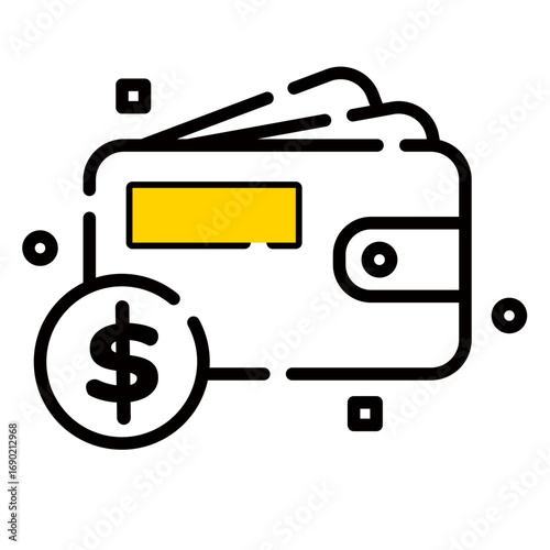 Icon of wallet with cash and a dollar symbol, symbolizing payment, savings, and personal finance. suitable for website and banking application