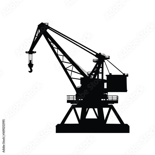 Black silhouette of a large dockside crane against a white background, harbor crane silhouette vector illustration
